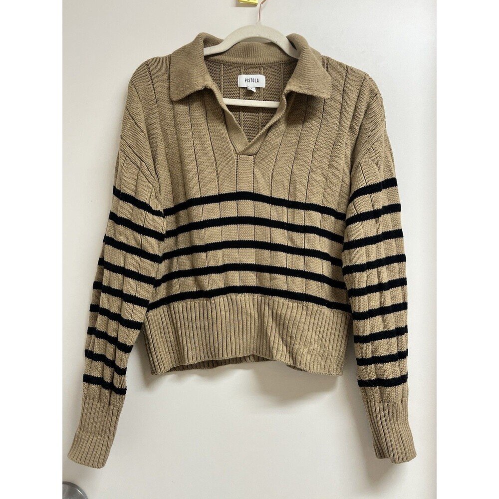 Pistola Tan Noir Stripe Ribbed Cotton Polo Sweater Small